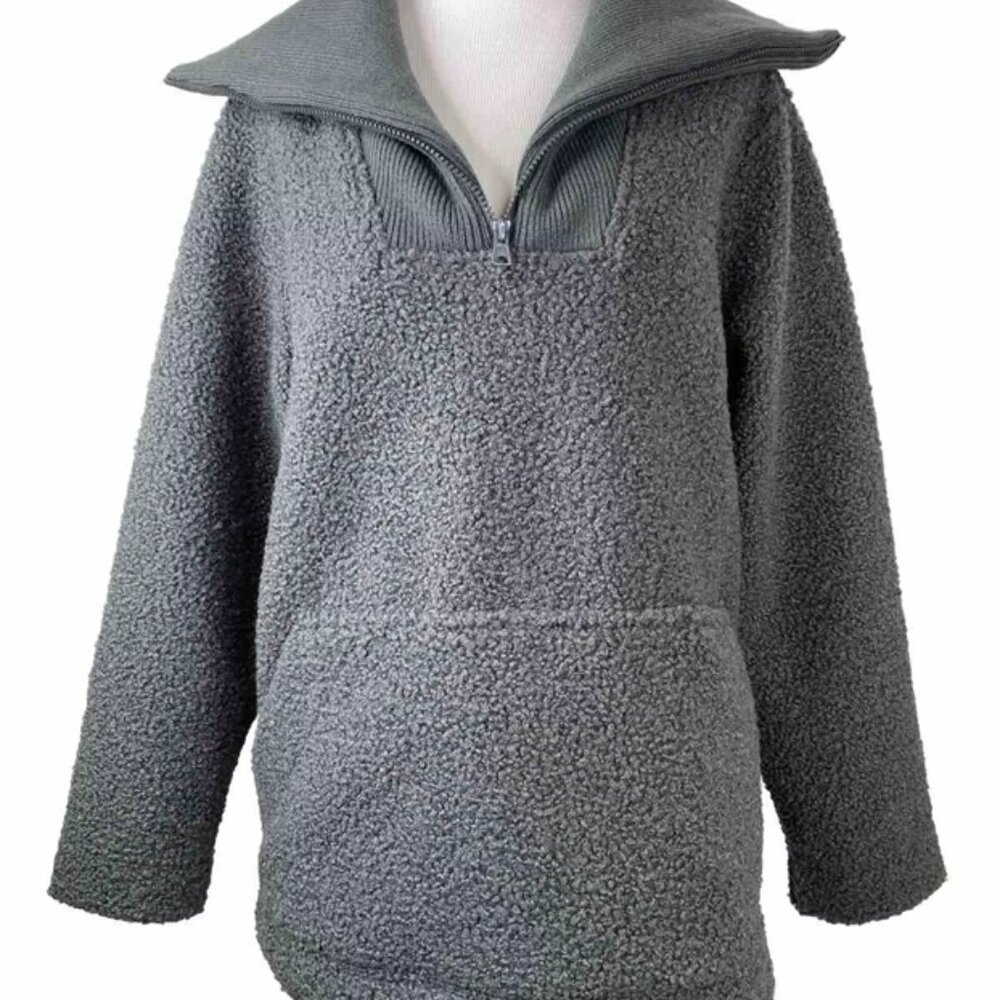 Lands' End Cozy Boucle Fleece Pullover 1/4 zip Sweatshirt Gray Size L Orig $79